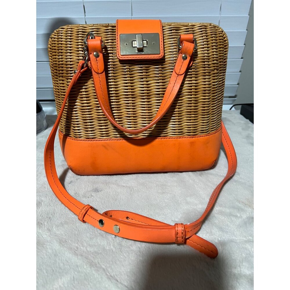 Kate Spade New York Wicker & Leather Orange Satchel With Adjustable Strap